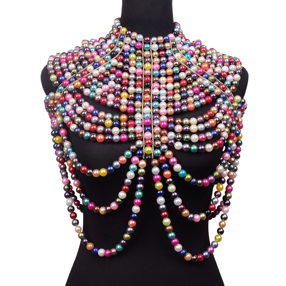 Sexy Pearl Body Chain For Women Necklaces Shawl Female Punk Style Beaded Collar Shoulder Sweater  Long Chain Bridal Body Jewelry