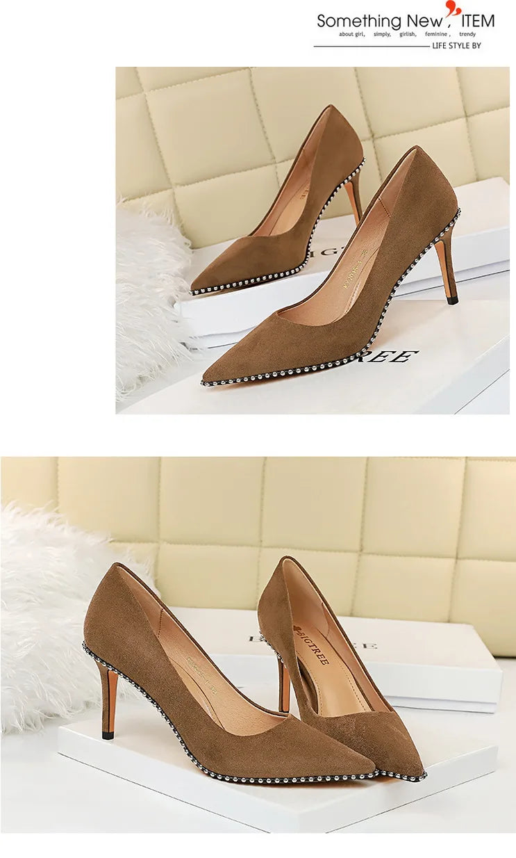 BIGTREE Shoes Black Heels Metal Beads Woman Pumps Suede High Heels Stiletto Wedding Shoes Women Heels Female Plus Size 41 42 43