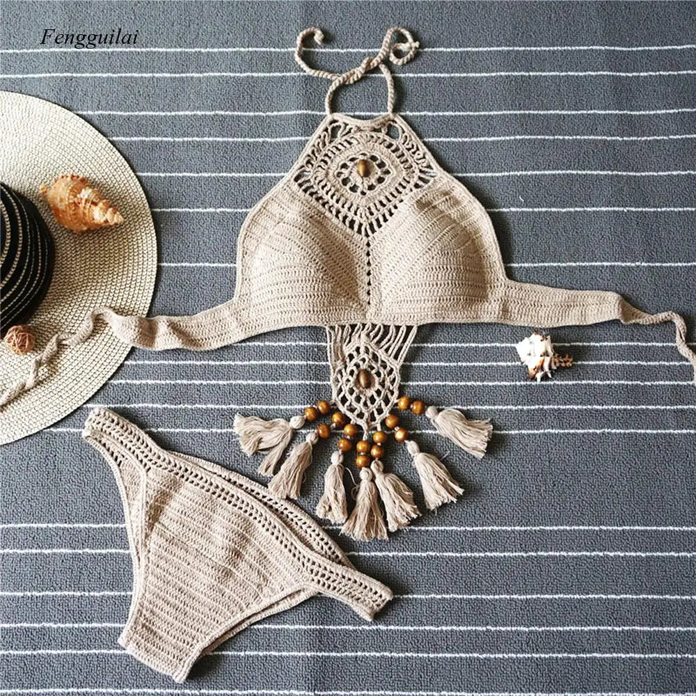 Bikini 2024 Knitting Swimsuit Crochet Bohemia Style Off Shoulder High Neck Bathing Beach Handmade Crochet