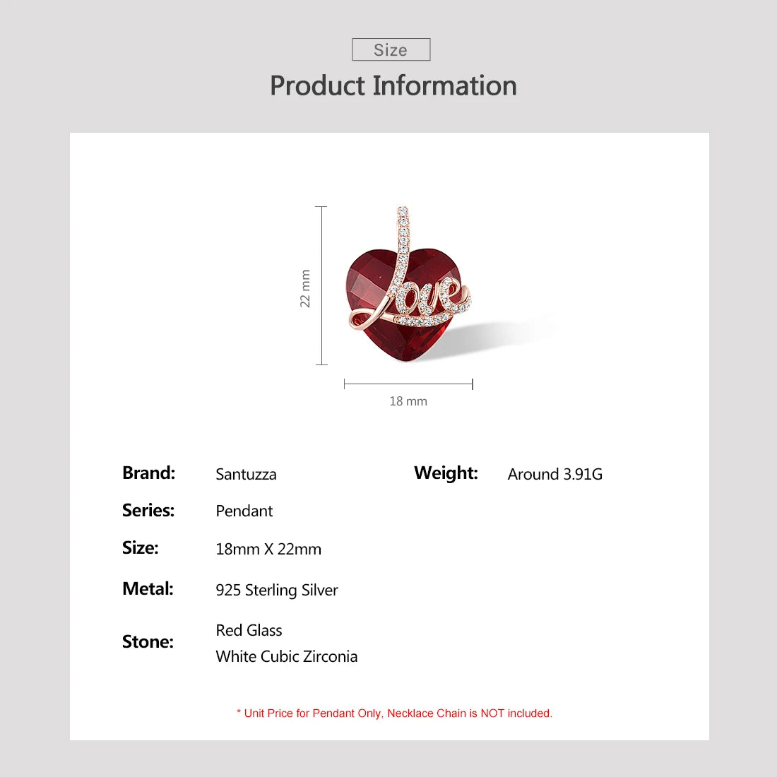 SANTUZZA Authentic 925 Sterling Silver Pendant for Women Red Stones White CZ Love Heart Pendant Valentines Gifts Fine Jewelry