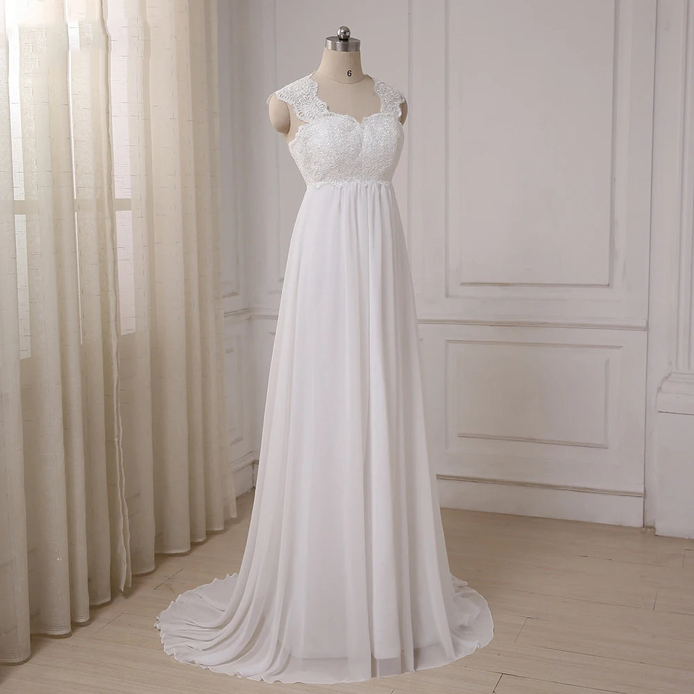 Cheap Beach Wedding Dresses Vestido De Noiva Cap Sleeve Sweetheart Empire Chiffon Bridal dress Lace Pregnant Weding Dress
