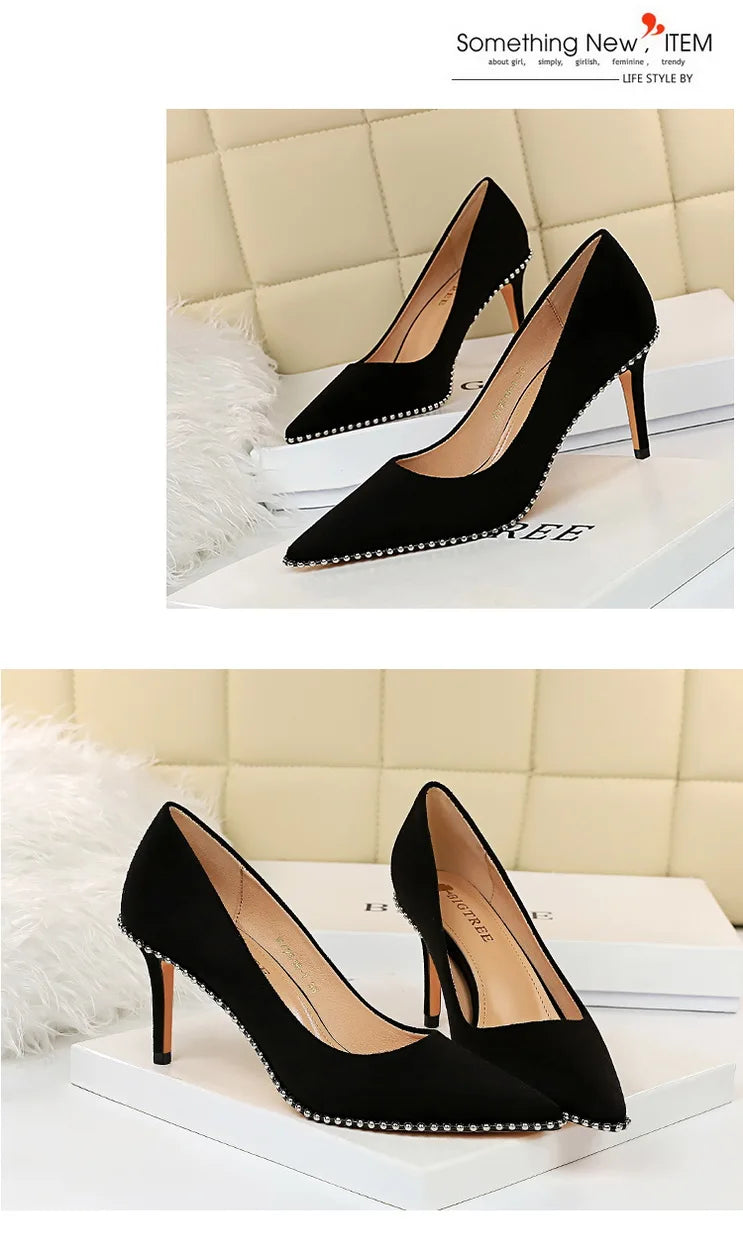 BIGTREE Shoes Black Heels Metal Beads Woman Pumps Suede High Heels Stiletto Wedding Shoes Women Heels Female Plus Size 41 42 43
