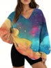 Starry Sky Gradient Pattern Printed Women's Versatile Fashion High Quality V-neck Hoodie 2025 New Edition
