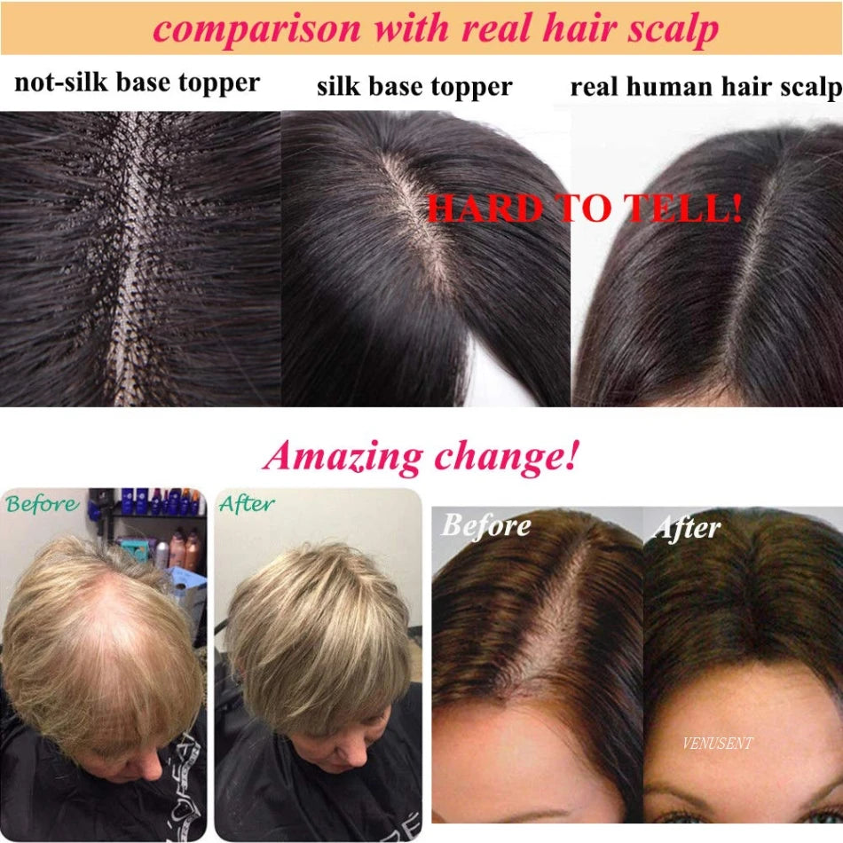 15x16cm Virgin European Human Hair Topper Hair Piece Clips in Loose Wave Silk Top Base Topper with Bangs for Thinning Hair Women