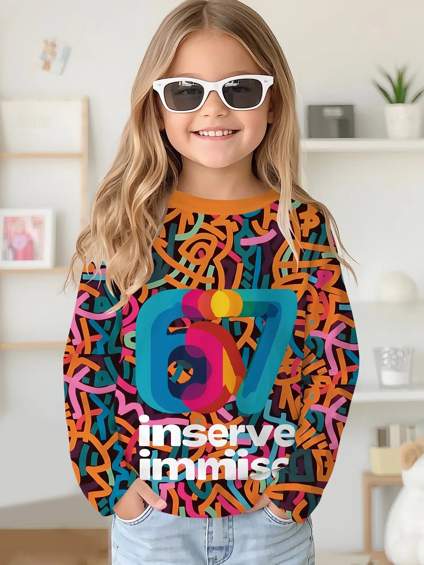 2025 Spring and Autumn Girls Korean Edition Loose Round Neck Long Sleeve T-shirt Top