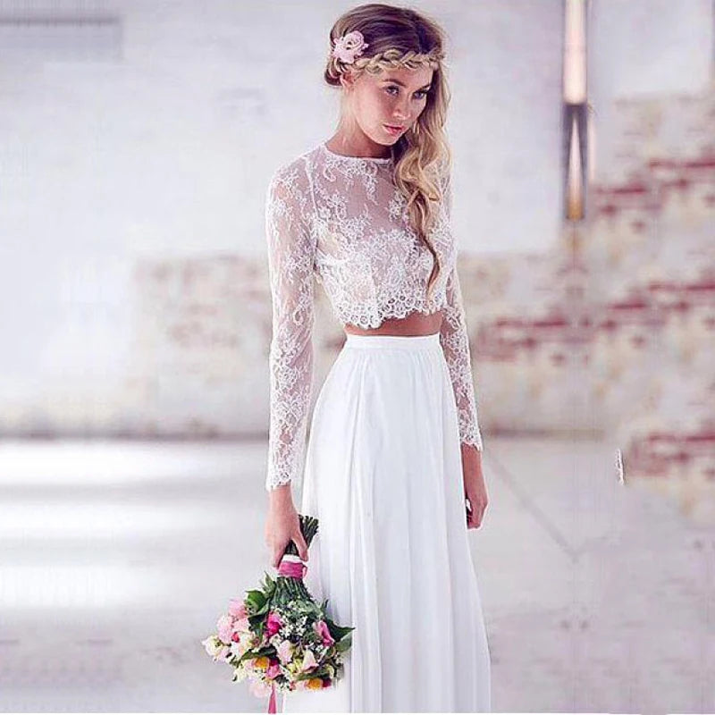 Chiffon Two Piece Wedding Dress 2026 Long Sleeves White Ivory Lace Beach Bridal Dress Boho Wedding Gowns plus size Customized