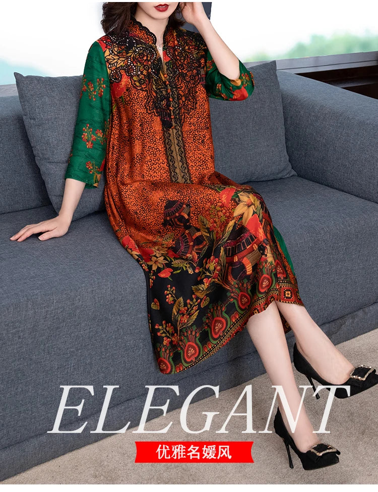 2024 Boho Vintage Print Natural Silk Midi Dresses Summer Loose Casual Dress Elegant Women Bodycon Party Vestidos