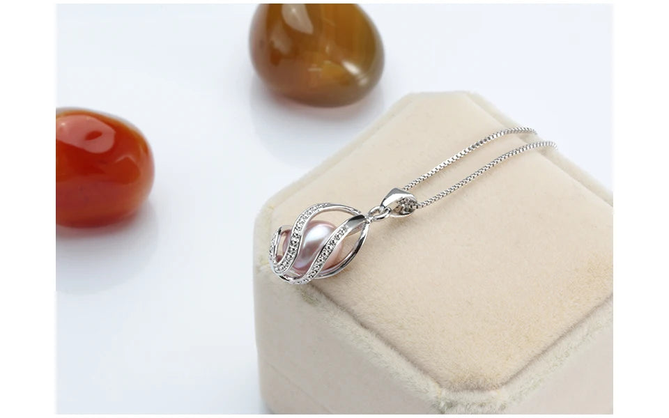 100% Natural Freshwater Pearl Cage Pendant for Women 925 sterling Silver White Pearl Pendant Necklace Jewelry with 45 Chain