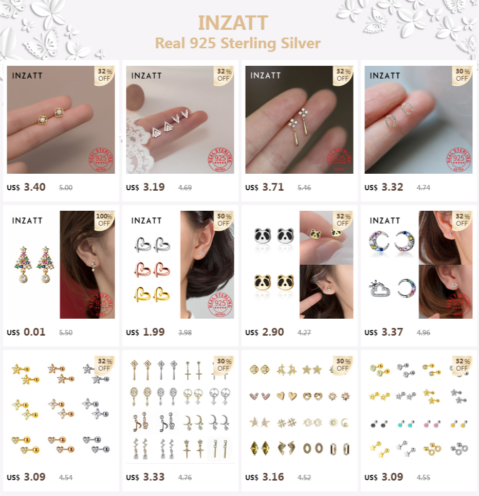 INZATT Real 925 Sterling Silver Star Heart Pentagram Beads Pendant Hoop Earrings For Women Party FINE Jewelry Accessories