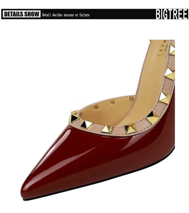 BIGTREE Shoes Rivet Design Women Pumps Patent leather High Heels 10.5 CM Stiletto Sexy party Shoes Women Heels Large size 43
