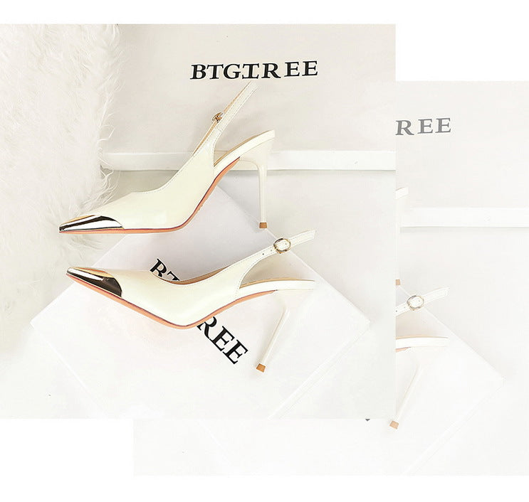 New Women 9.5 cm Heels Metal pointed tip Women Pumps Hollow out hook strap High heeled Sandals Women Summer Shoes Plus Size 43
