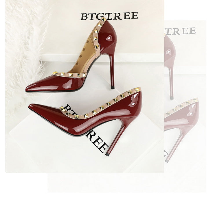 BIGTREE Shoes Rivet Design Women Pumps Patent leather High Heels 10.5 CM Stiletto Sexy party Shoes Women Heels Large size 43