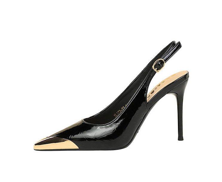 New Women 9.5 cm Heels Metal pointed tip Women Pumps Hollow out hook strap High heeled Sandals Women Summer Shoes Plus Size 43