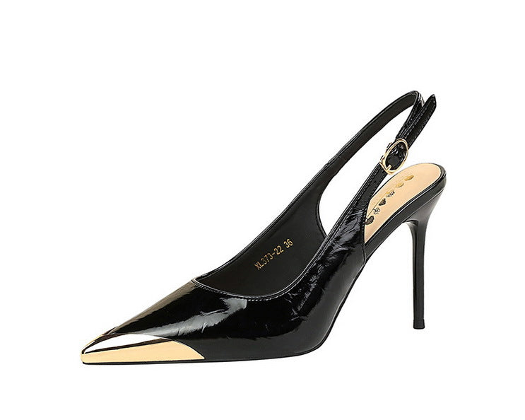New Women 9.5 cm Heels Metal pointed tip Women Pumps Hollow out hook strap High heeled Sandals Women Summer Shoes Plus Size 43