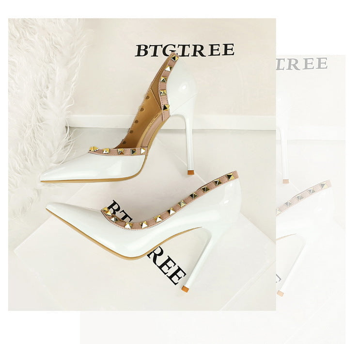 BIGTREE Shoes Rivet Design Women Pumps Patent leather High Heels 10.5 CM Stiletto Sexy party Shoes Women Heels Large size 43