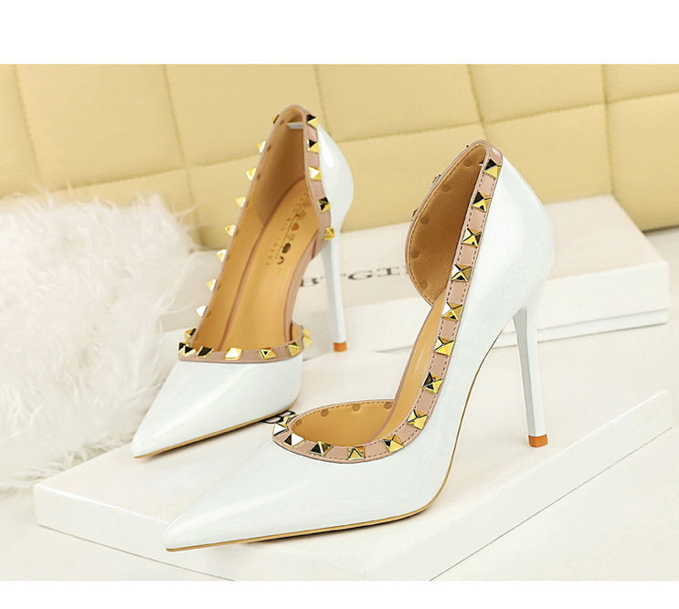 BIGTREE Shoes Rivet Design Women Pumps Patent leather High Heels 10.5 CM Stiletto Sexy party Shoes Women Heels Large size 43