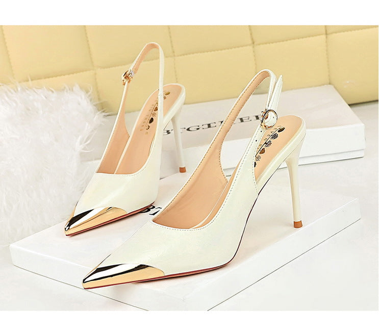 New Women 9.5 cm Heels Metal pointed tip Women Pumps Hollow out hook strap High heeled Sandals Women Summer Shoes Plus Size 43