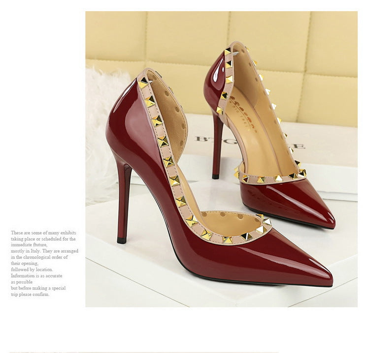 BIGTREE Shoes Rivet Design Women Pumps Patent leather High Heels 10.5 CM Stiletto Sexy party Shoes Women Heels Large size 43