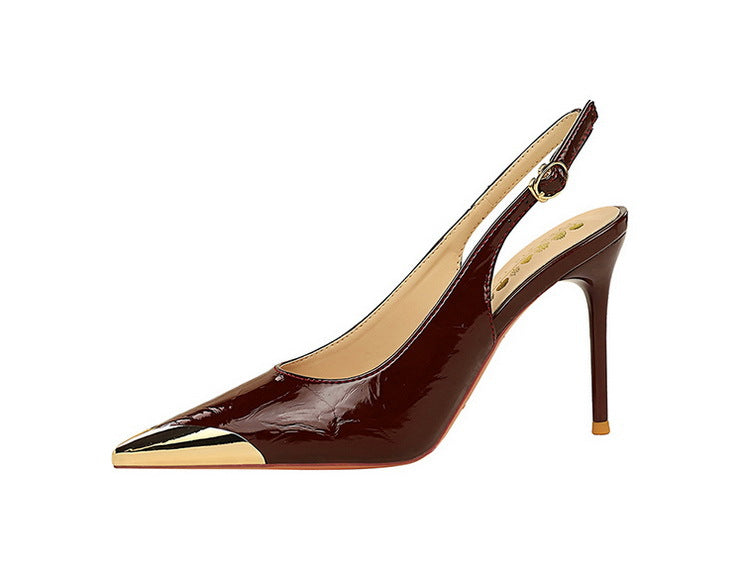 New Women 9.5 cm Heels Metal pointed tip Women Pumps Hollow out hook strap High heeled Sandals Women Summer Shoes Plus Size 43
