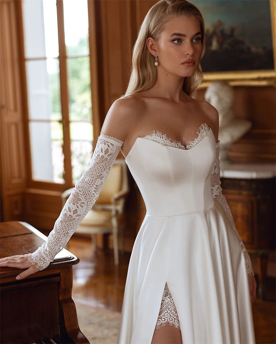 Customized Sweetheart Wedding Dress With Lace 3/4 Sleeve Bride Gown Front Split Evening Dresses vestidos de novia