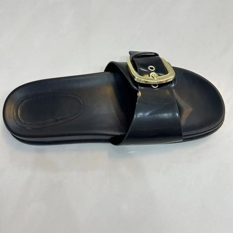 Summer Comfortable Moccasin Flat Sandals Women Sexy Open Toe Buckle Design Brand Beach Slippers Big Size Thick Bottom Slippers