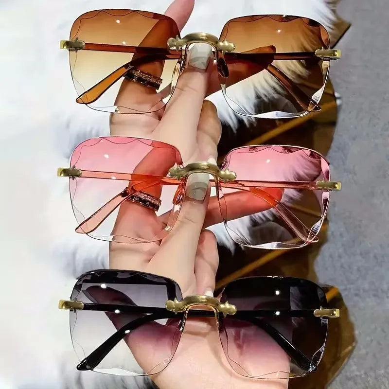 3PCS Square Rimless Sunglasses Women Luxury Brand Designer Summer Red Glasses Fashion Sunlasses UV400 Shades Oculos 23004