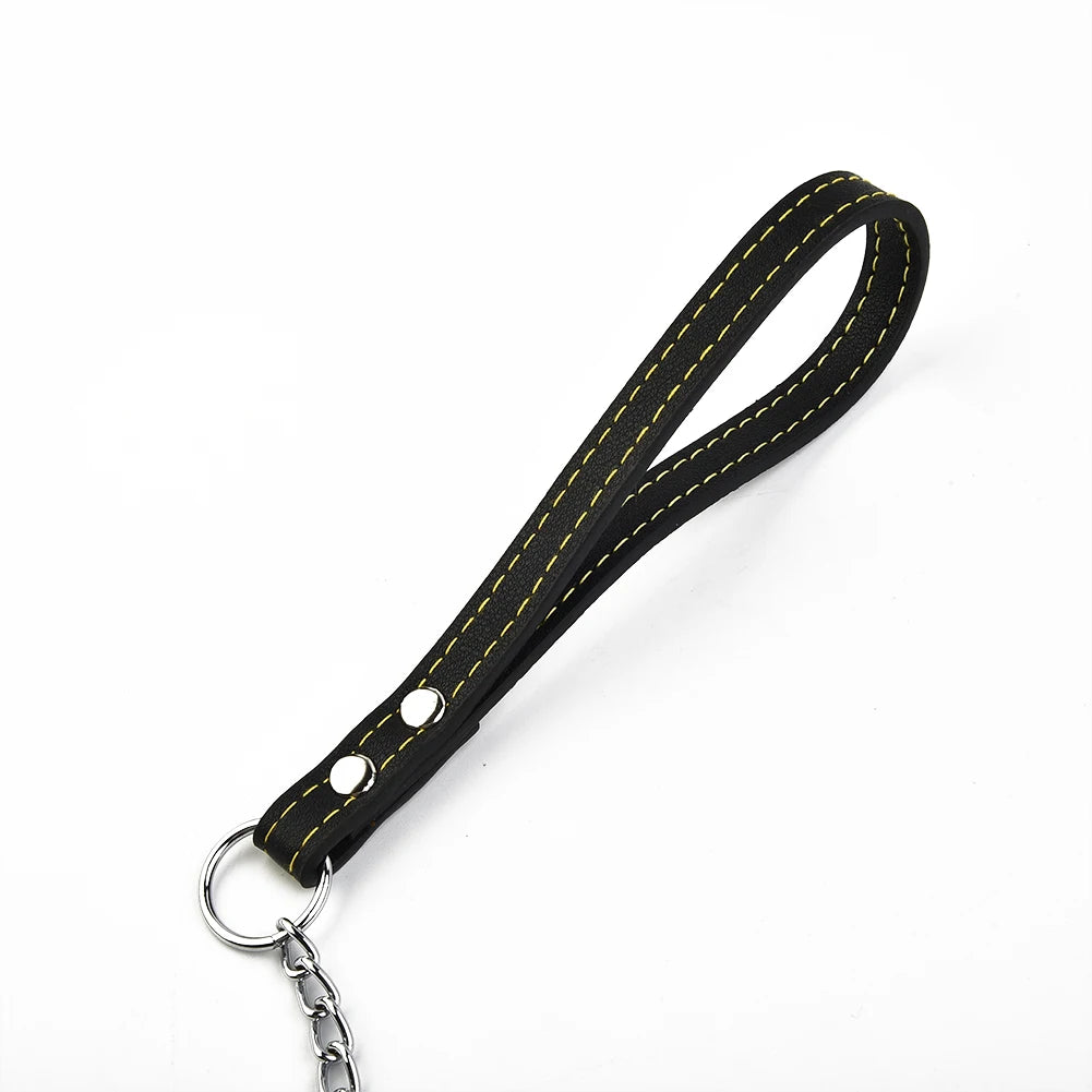 Durable Pet Dog Chain Metal Leash For Small Medium Dog PU Handle Leather Iron Chain Leash Anti-Bite Chain Dog Accessories