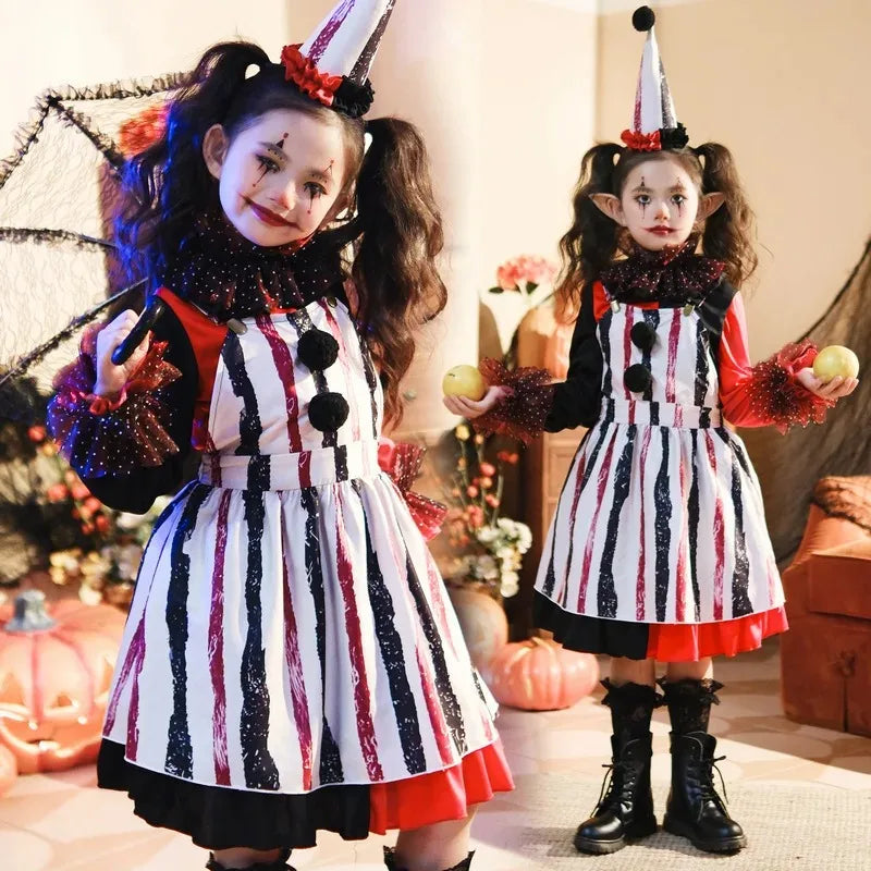 Halloween Cosplay Costumes Horror Clown Dresses Pants Headwear Clothes Sets Carnival Theme Party Role Playing Outfits for Girls