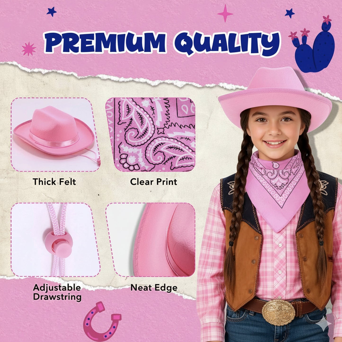 Kids Cowgirl Costume Western Hat Bandana Set Halloween Cosplay Outfits Role Play Accessories