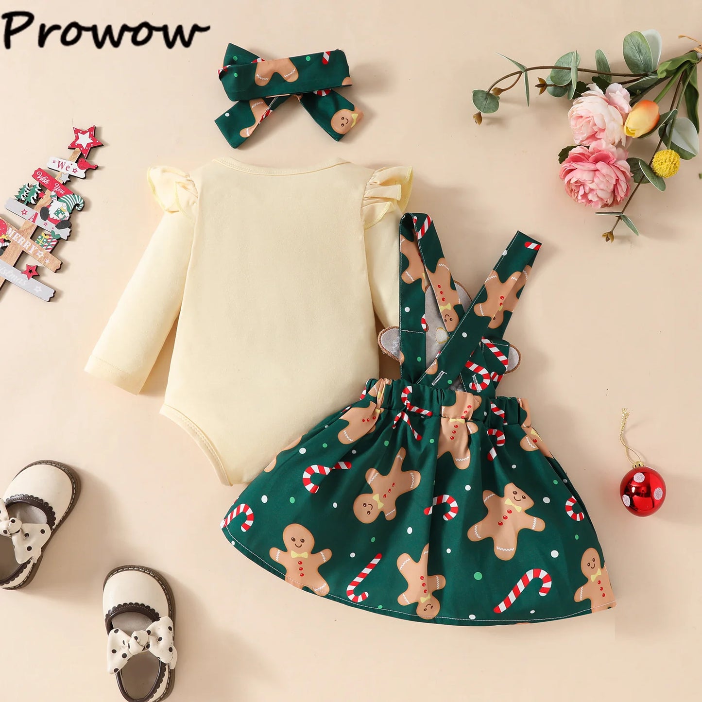 Prowow Baby Girls Christmas Outfits Set Red Bodysuit+Plaid Deer Suspender Dress Set 3pcs My First New Year Costume For Baby 2026