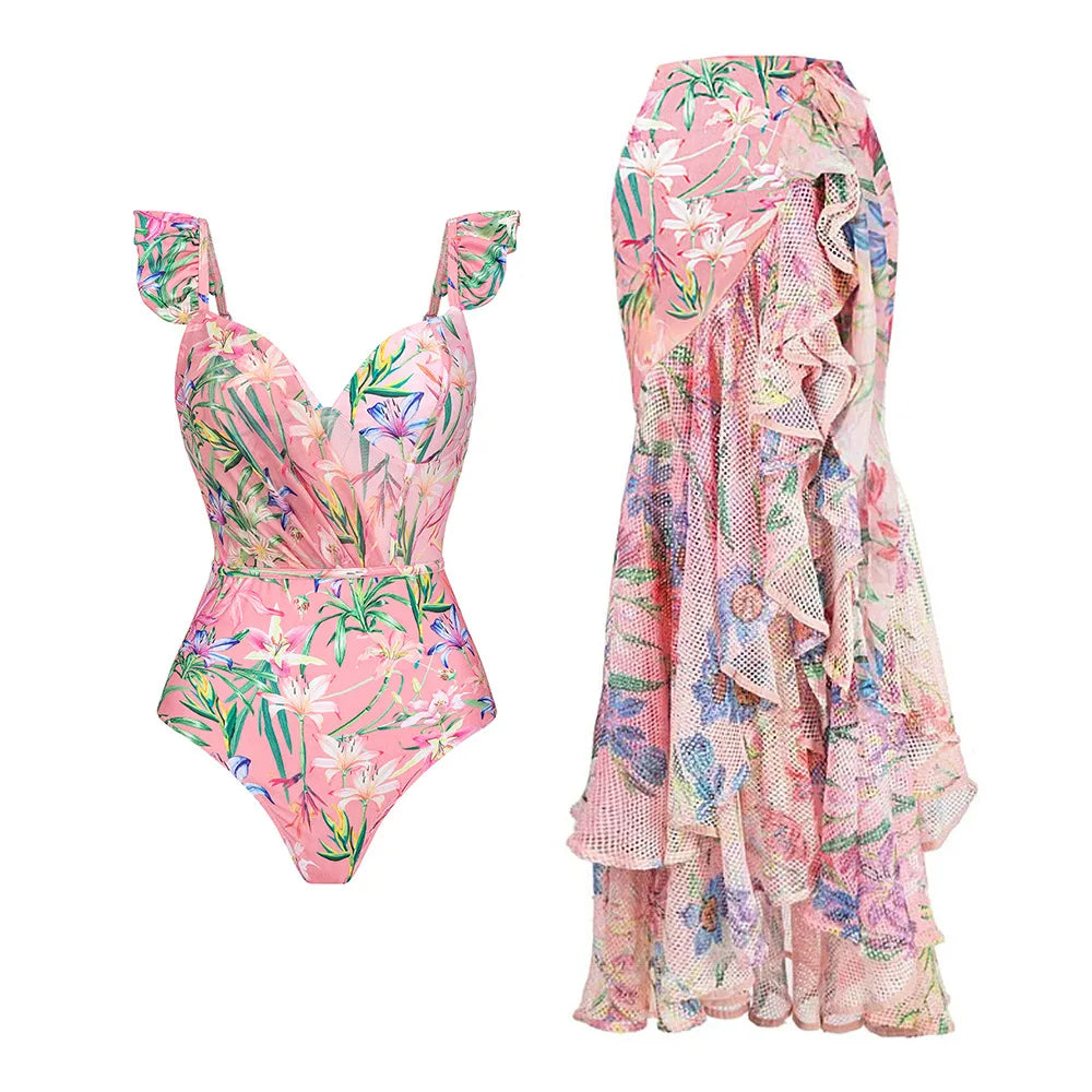 Women Swimwear Summer Floral Printed V-neck Swimsuit One-piece Bodysuit Bikini Set Beach Style Wear Maxi Dress Skirt Vacation