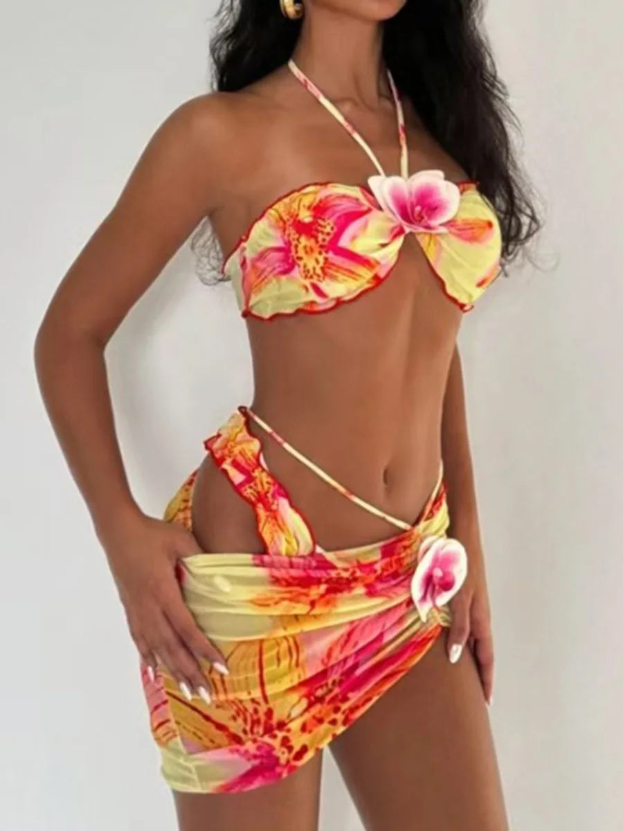 with Mesh Skirt 3D Flowers Halter Bandeau Bikini Women Swimsuit Female Swimwear Three-pieces Bikini Set Bathing Suit Beachwear