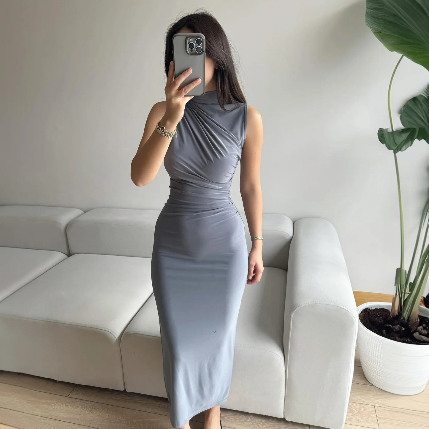 YUZHEXI elegant sleeveless ruched midi dress women commuter bodycon solid color robe black red pink split clothes summer