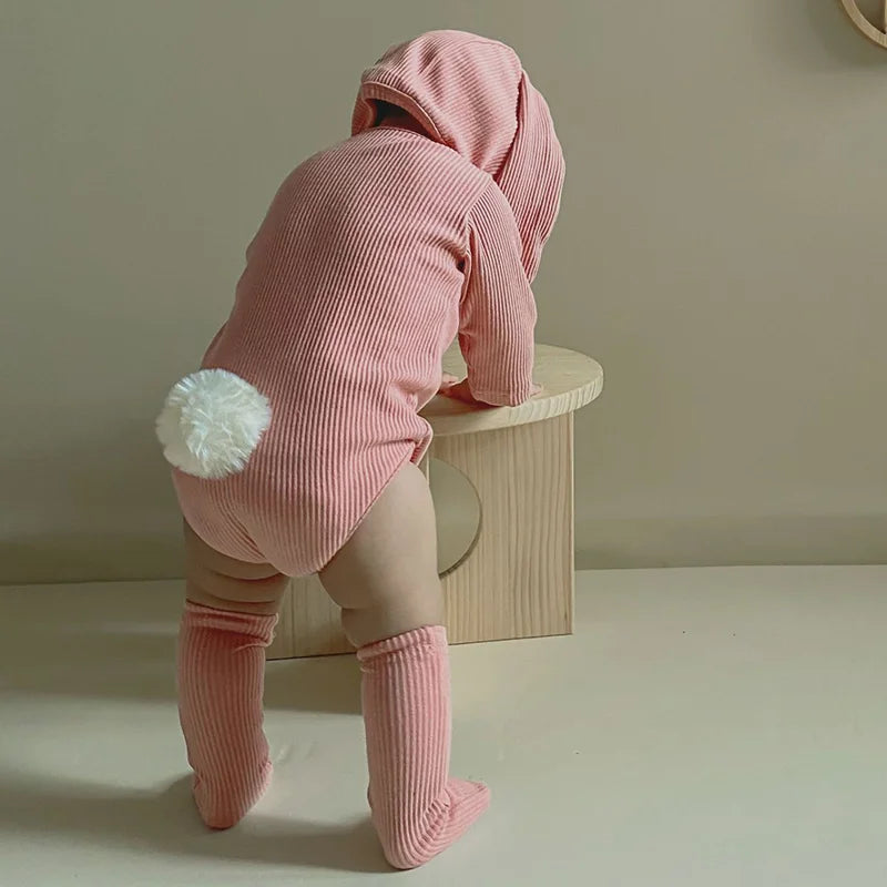 2024 Baby Rabbit Easter Romper Ear Hat Bodysuit Socks Solid Cotton Jumpsuit 0-24M Korean Cute Toddler Boy Girl Outfits Clothes