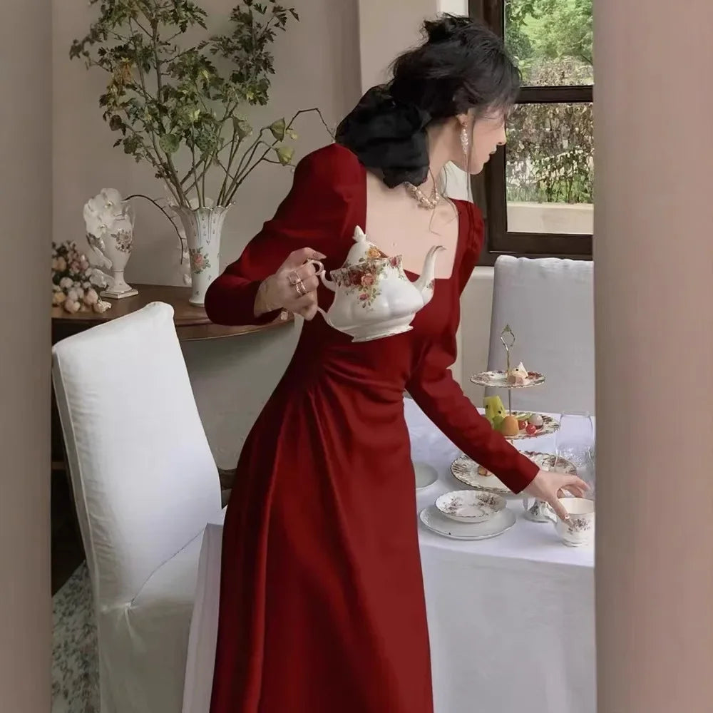 Red Long Sleeve Dress Wedding Dress Spring Autumn French Style Engagement Party Drinking Ceremony Bridal Gown Everyday Wear