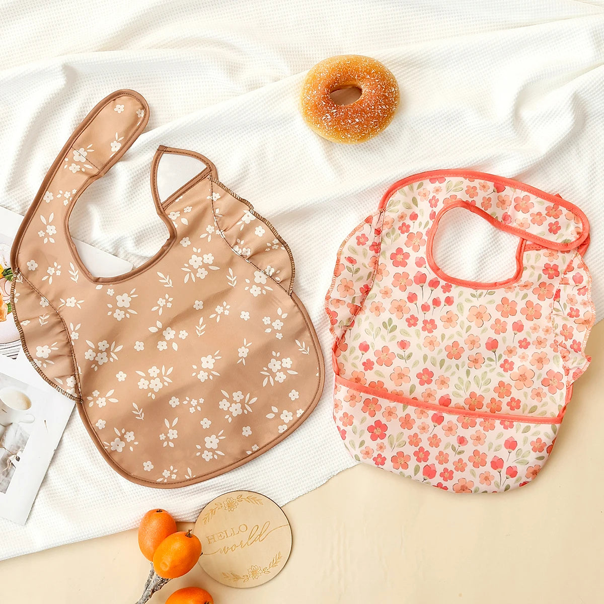 2Pcs/Set 100%Polyester Waterproof Baby Bibs,Lively and Adorable Shoulder Design Sleeveless Smock Feeding Bib Apron