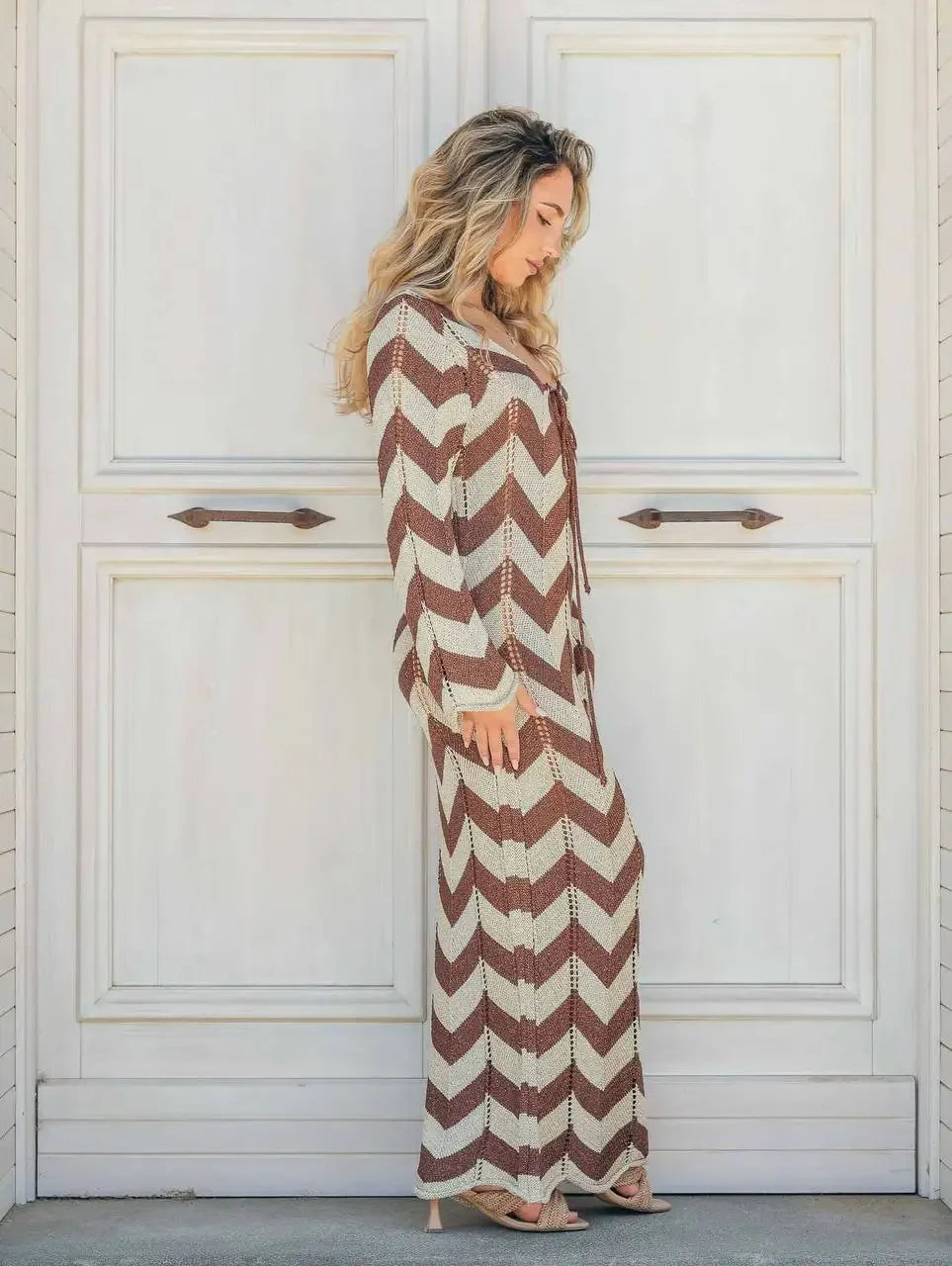2025 Women's  Stripled Long Sleeve Slim Elegant Knitted Maxi Dress V Neck Autumn New Lace Up Hollow Sexy Beach Cover Up Dress