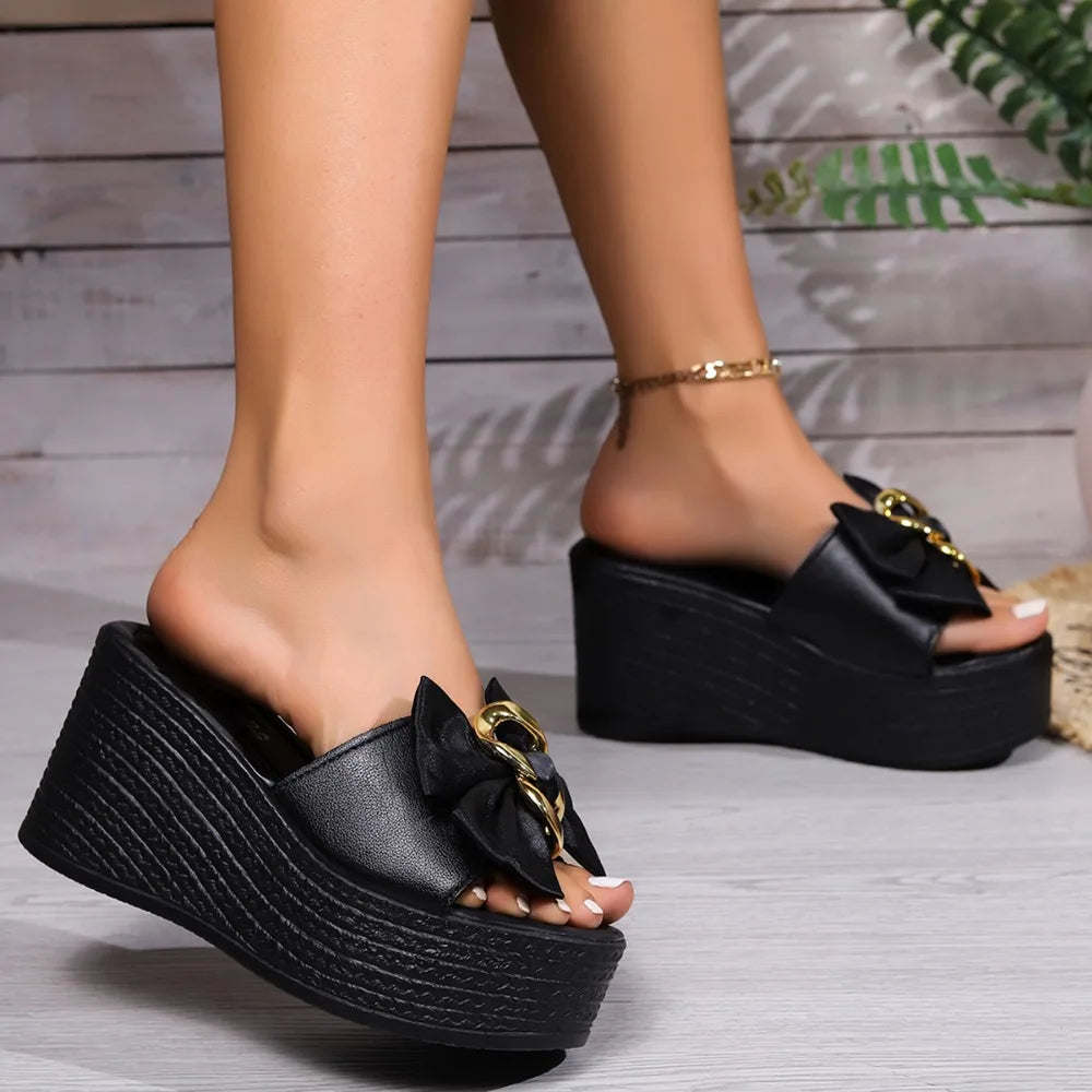 Women's Summer Fashion New Bow Designer Thick Sole Non-Slip Sandals Outdoor Casual Solid Color Open Toe Beach Flip Flops