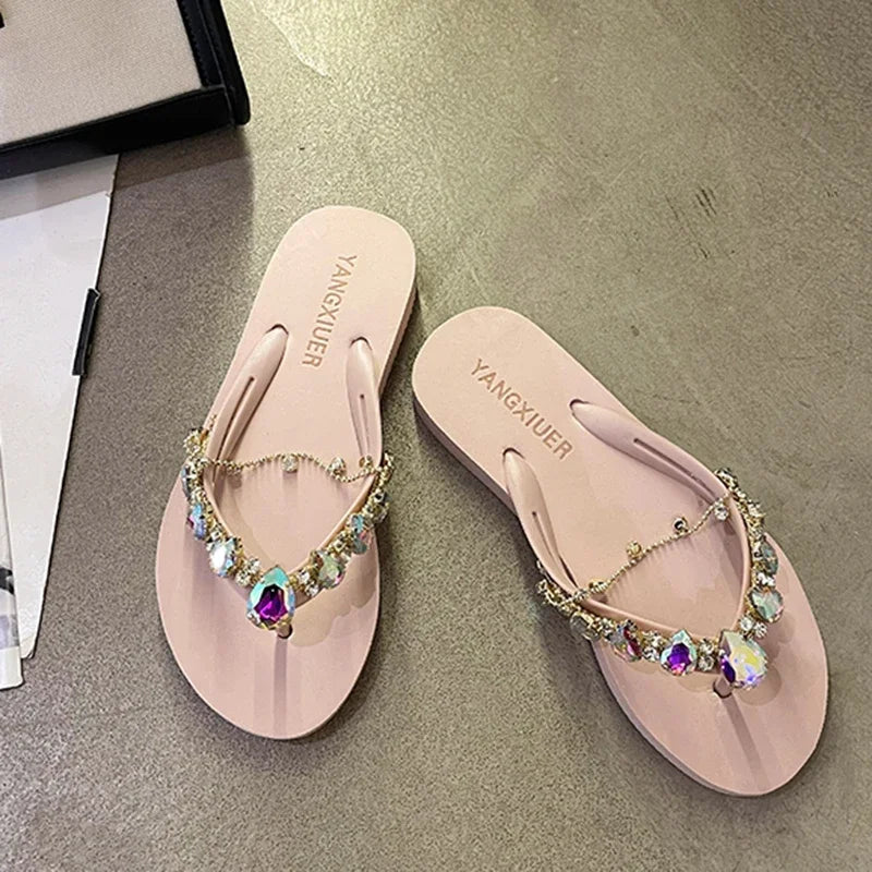 Rhinestone Chain Summer Flip Flops Sandals Women Comfortable Beach Shoes Non-slip Soft Bottom Casual 5cm Heels Wedges Slippers