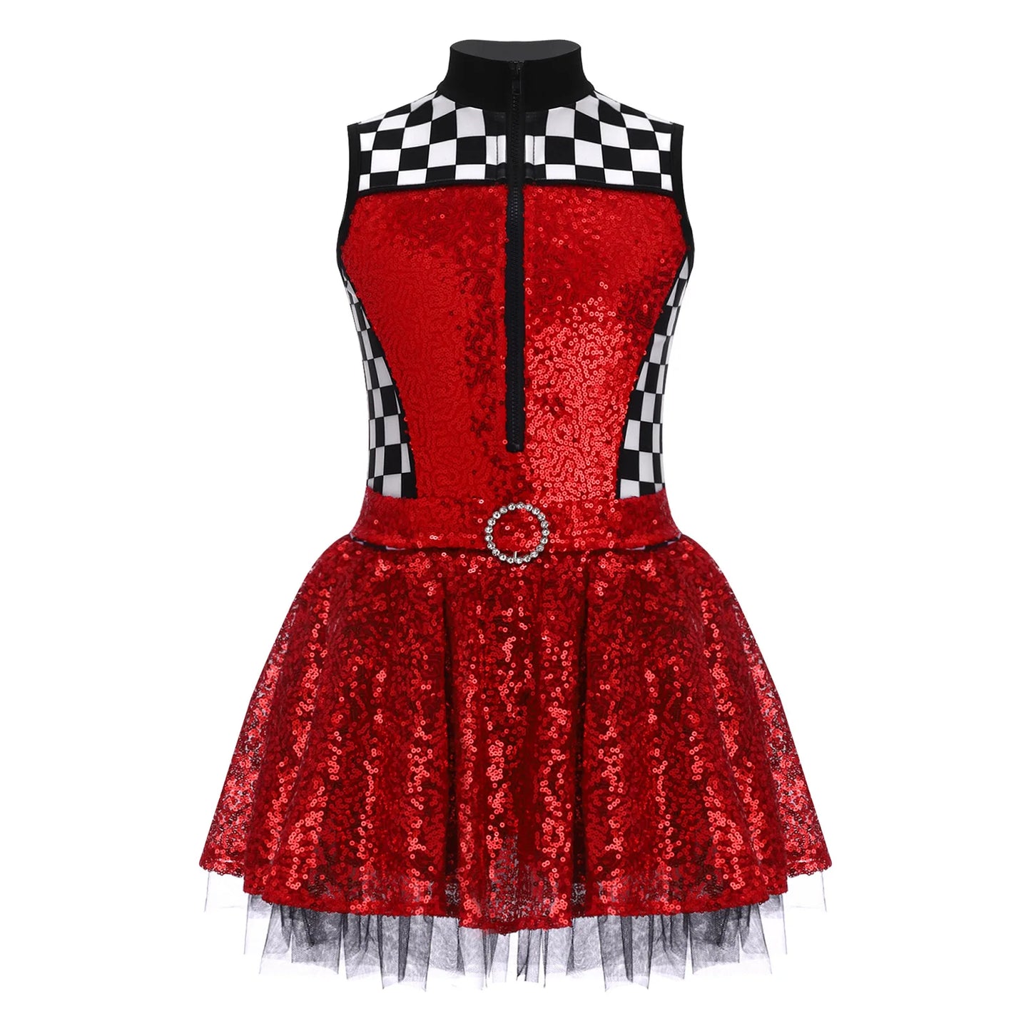 Kids Girls Checkerboard Racer Costume Halloween Car Driver Cosplay Leotard Dress with Tulle Skirt Themed Party Driving Roleplay