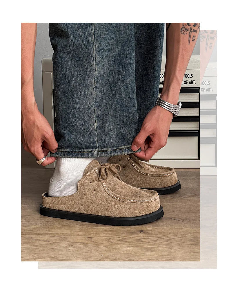 2025 Retro bag head lace-up leather one-pedal summer half slippers men and women couple cowhide shoes