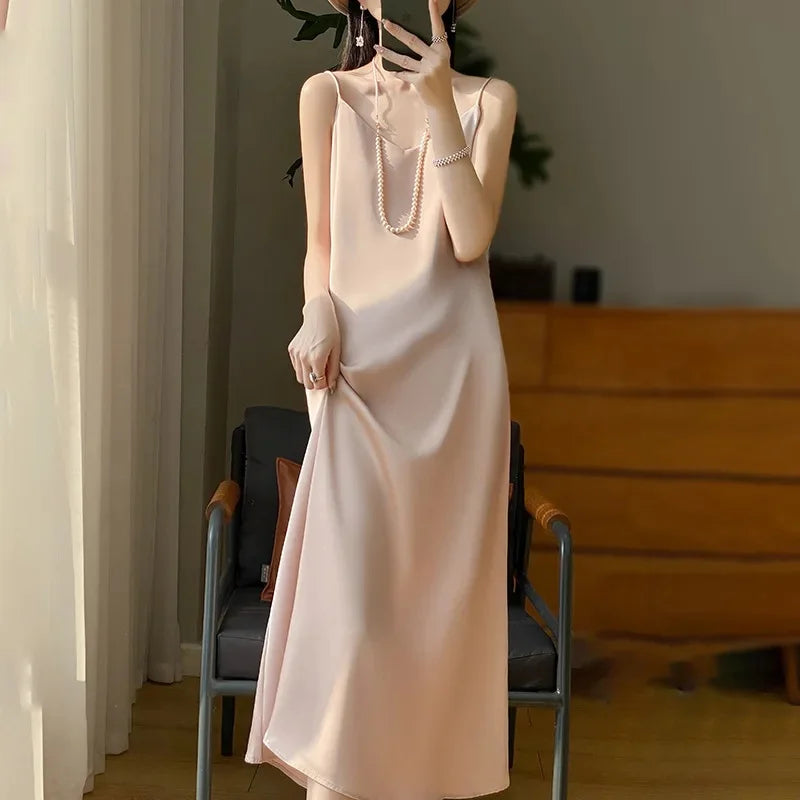 Silk V-neck Slim-fit Satin Dress Sexy Strap Long Gown for Women New 2025 Spring Summer Inner Wear Dress Elegant Lady Dress