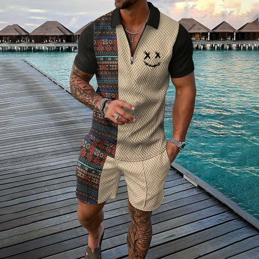 Men Tracksuit Summer New 3D Printed Beach Zipper Polo Shirts Shorts 2 Pcs Sets Boho Geometric Style Holiday Clothing Ropa Hombre
