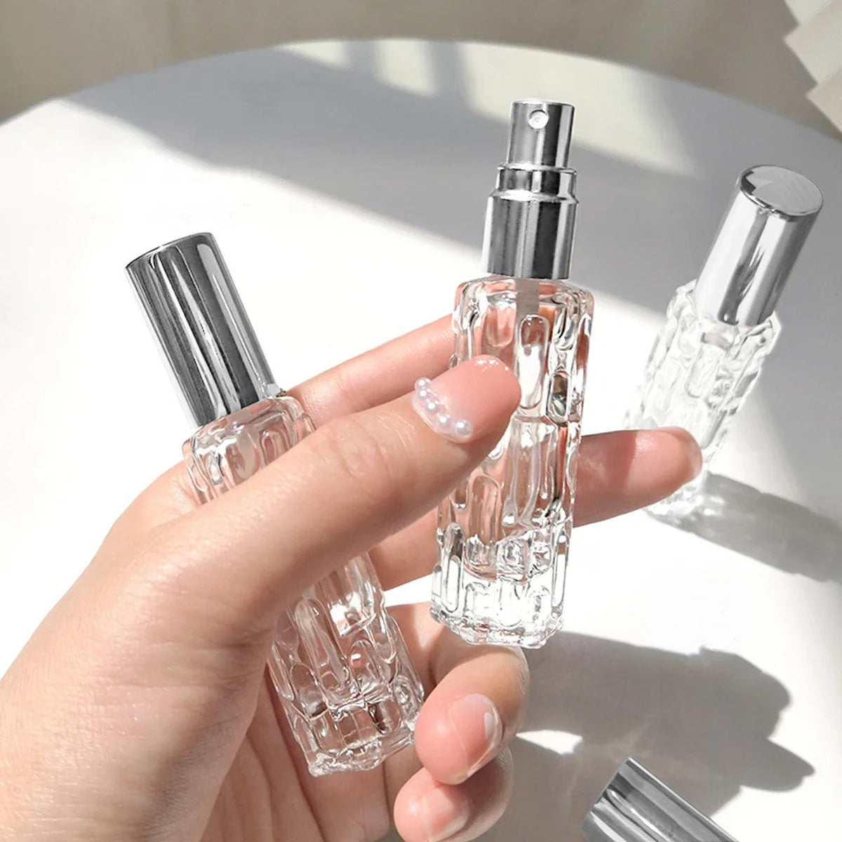 Perfume Bottle 1pc 10ml Glass Spray Bottle Aluminum Line Mist Sprayer Head Perfume Dispenser Bottle Press Empty Bottle Travel