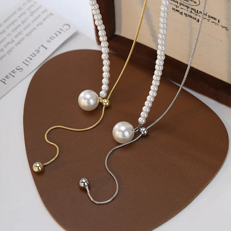 Chic Pearl Lariat Necklace Gold Chain Adjustable Minimalist Sweater Chain Jewelry for Women Statement Neck Jewelry Accessory New