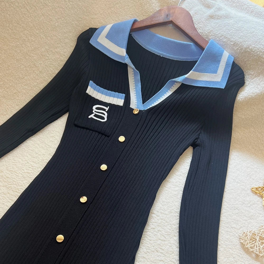 YuooMuoo Women Dress 2025 Autumn Winter Fashion Y2K Embroidery Slim Elastic Long Sweater Dress Elegant Lady Office Dress Vestido