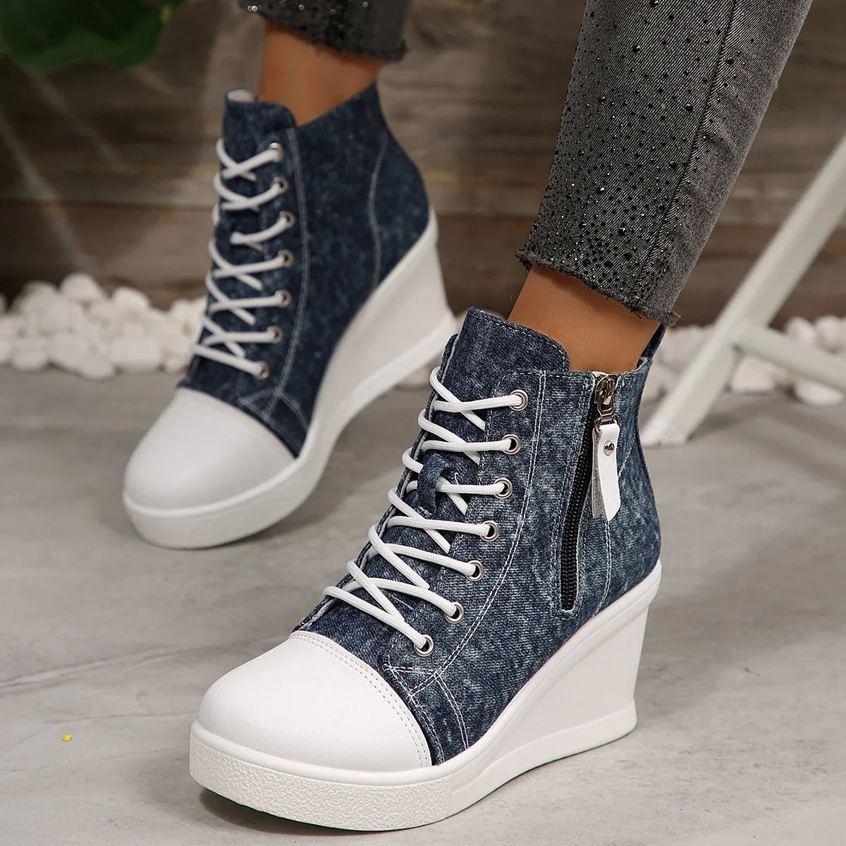 2025 New Women High Top Wedge Sneakers Blue Camouflage Shoes Woman Fashion Lightweight Lace Up Platform Ankle Sneakers Women
