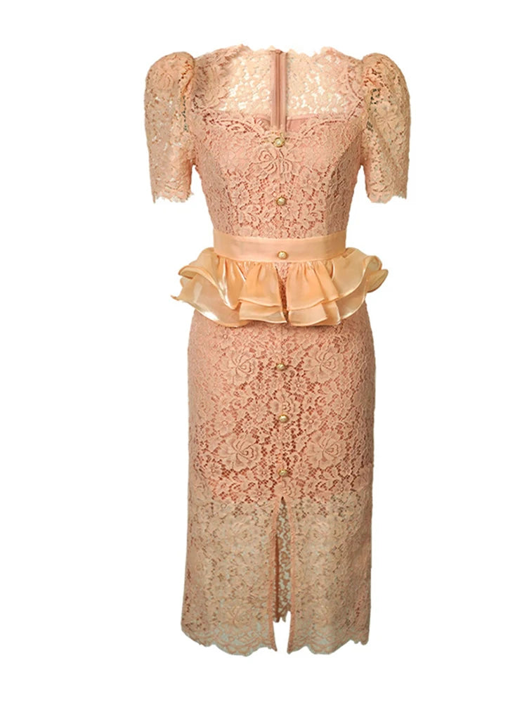 New Summer Elegant Women Evening Dress Chic Lace Pink Sheer Sexy Low Cut Ruffle Slim Midi Pencil Party Prom Femme Mujer Vestidos