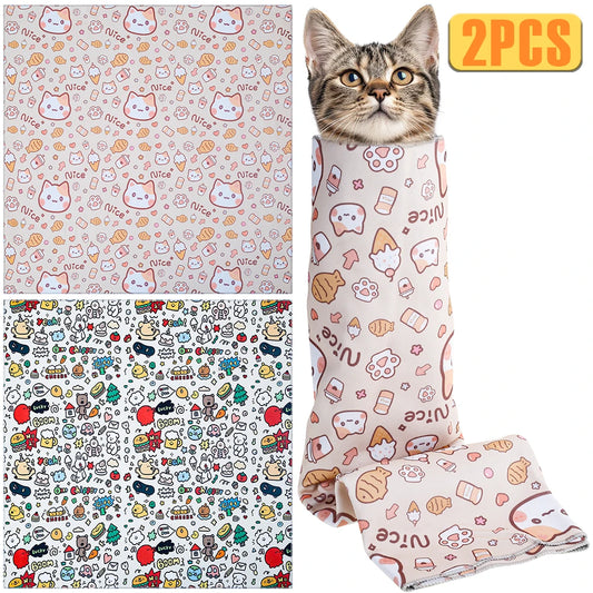 2Pcs Cat Restraint Wrap Nylon Self-Adherent Cat Grooming Wrap With Cartoon Print Anti Escape Anti Scratch Cat Nail Cutting Wrap