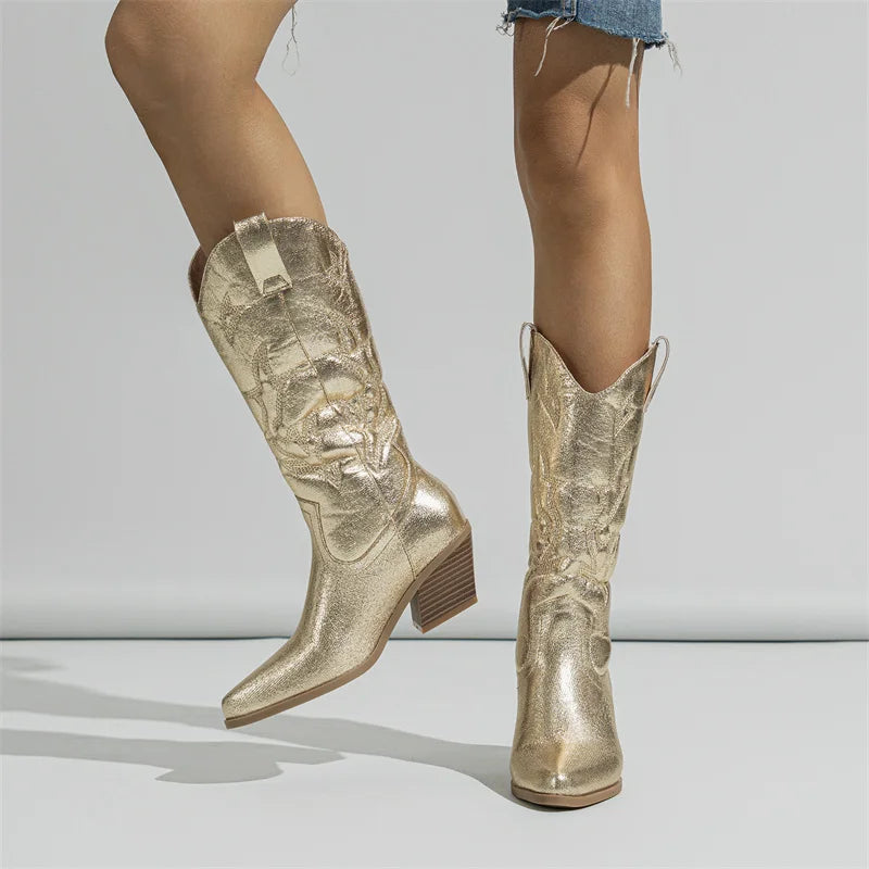 Liyke Big Size 42 43 Western Style Cowboy Boots For Women Fashion Embroider Leather Autumn Winter Low Heels Long Shoes Booties